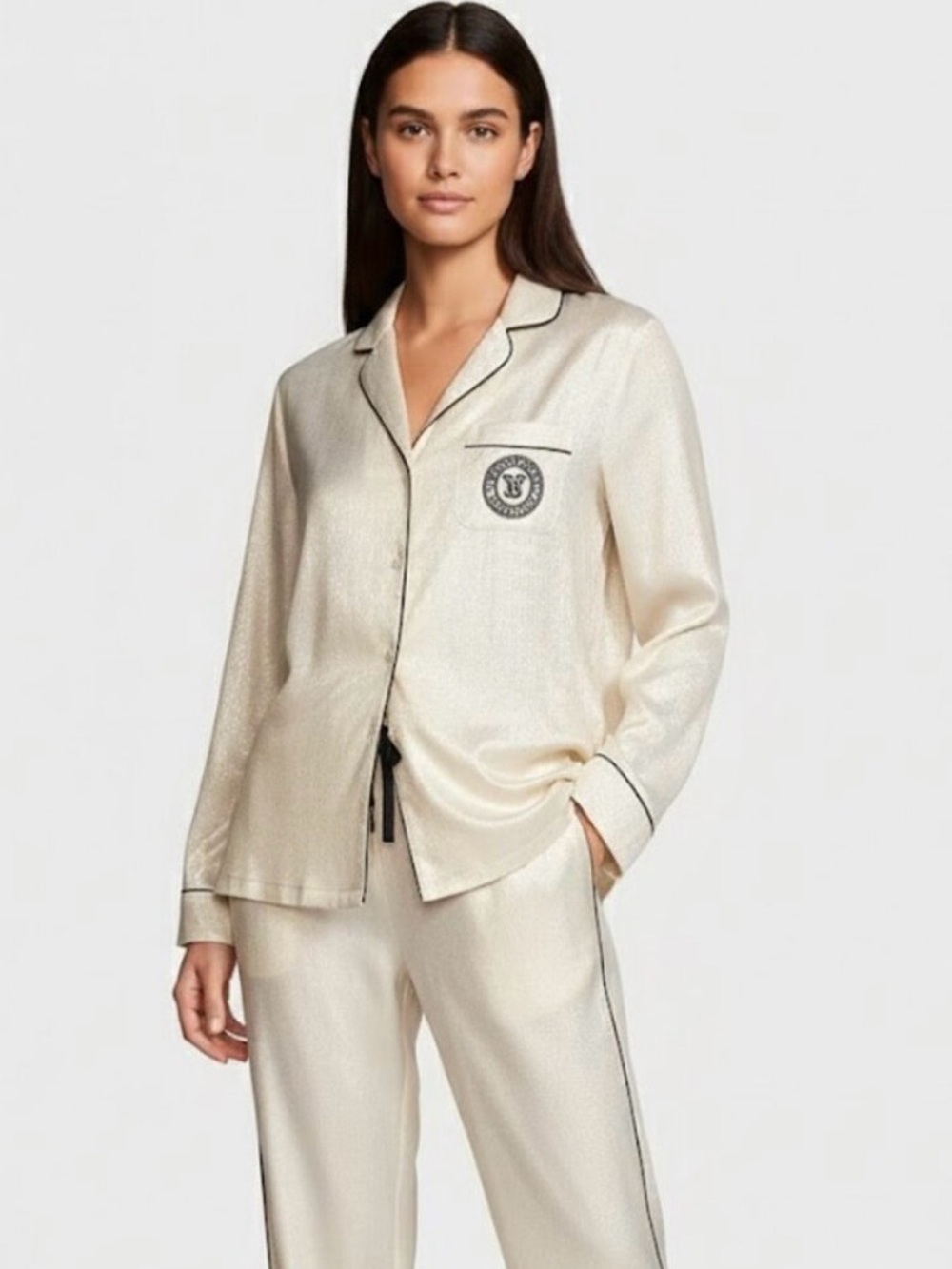 Victoria's Secret Satin Long Pajamas Set in Candlelight Foil